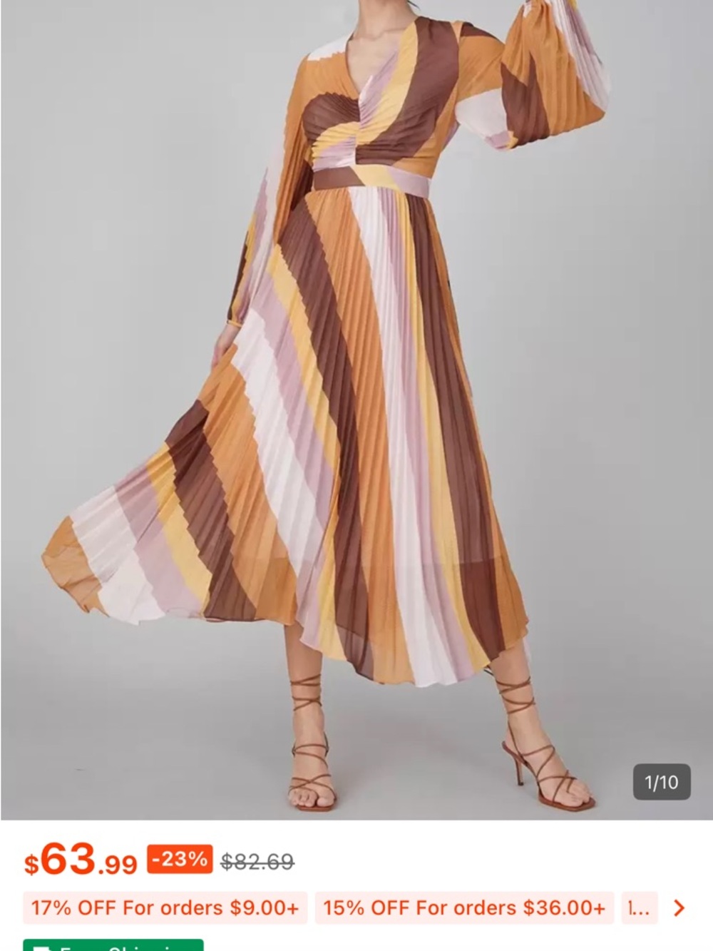 MOTF Striped Pleated Midi Dress in Mustard, Brown & Blush